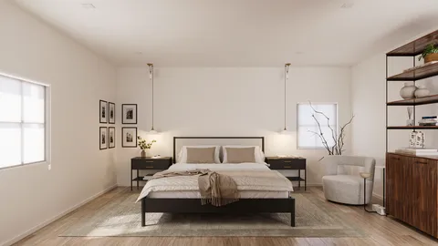a bedroom with a bed and a lamp