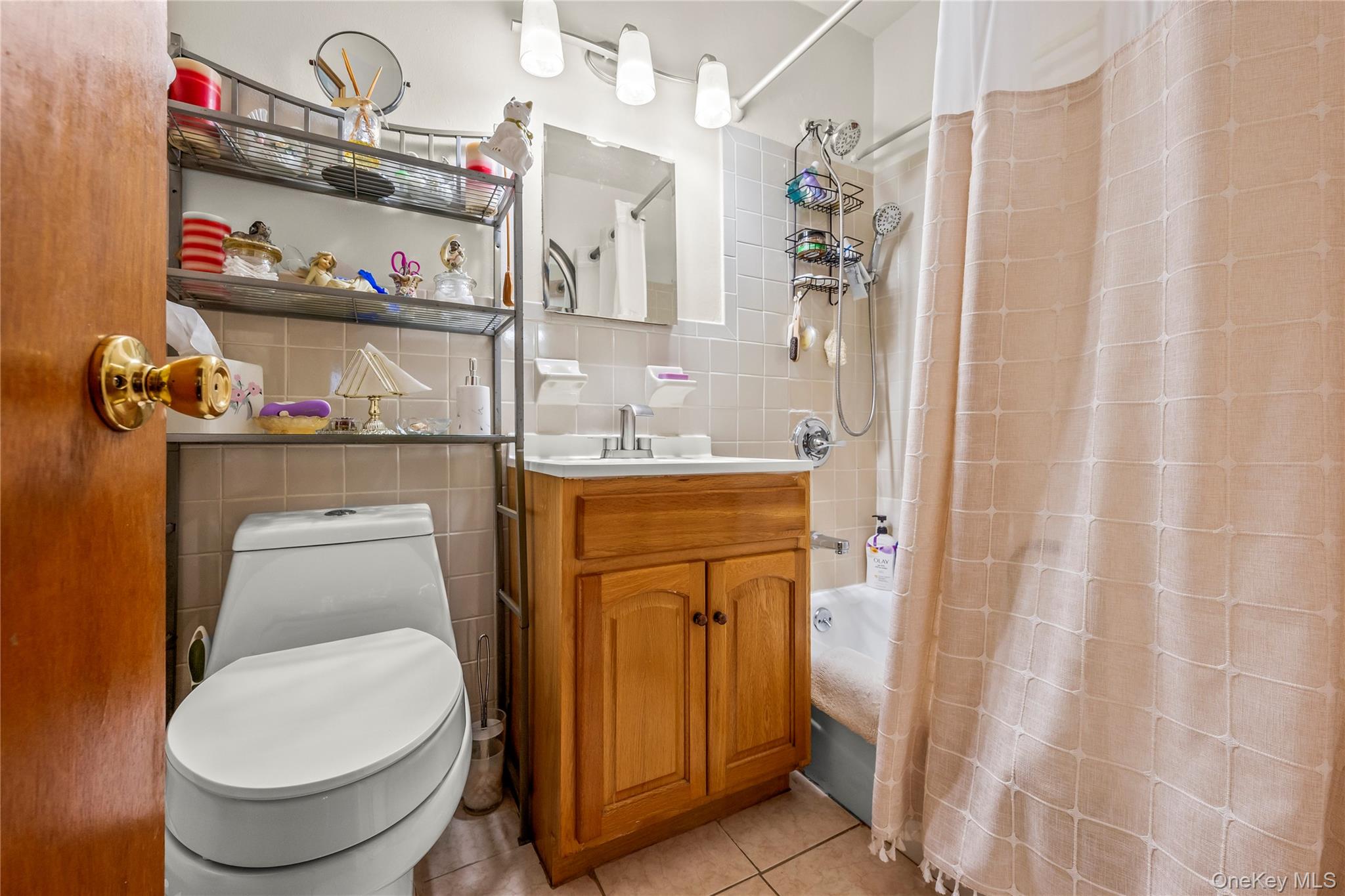 12399 Flatlands Avenue, Unit 1L Brooklyn, NY 11207 - Photo 9 of 21 a bathroom with a sink a toilet and shower curtain
