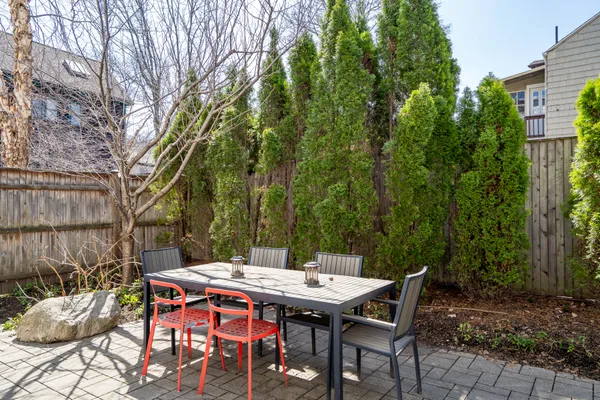 a backyard of a house with table and chairs