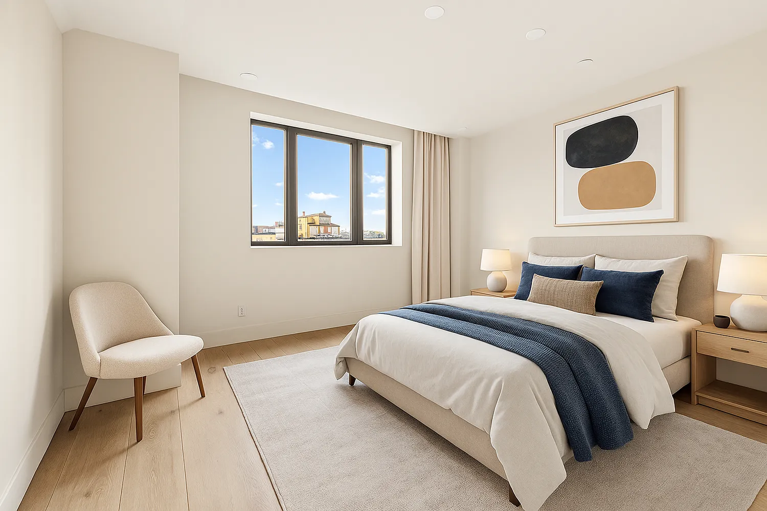 a bedroom with a bed and chair