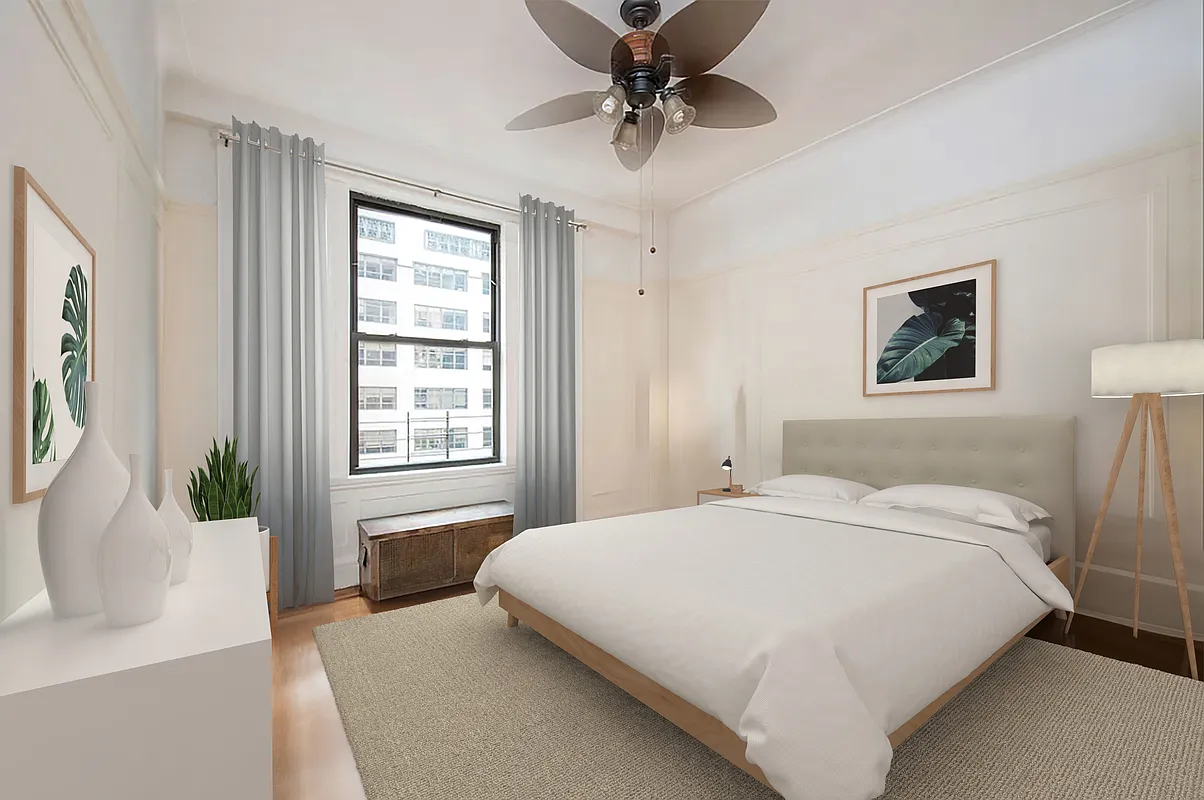 200 West 54th Street, Unit 6C Manhattan, NY 10019 - Photo 2 of 5 a bedroom with a large bed and a chandelier