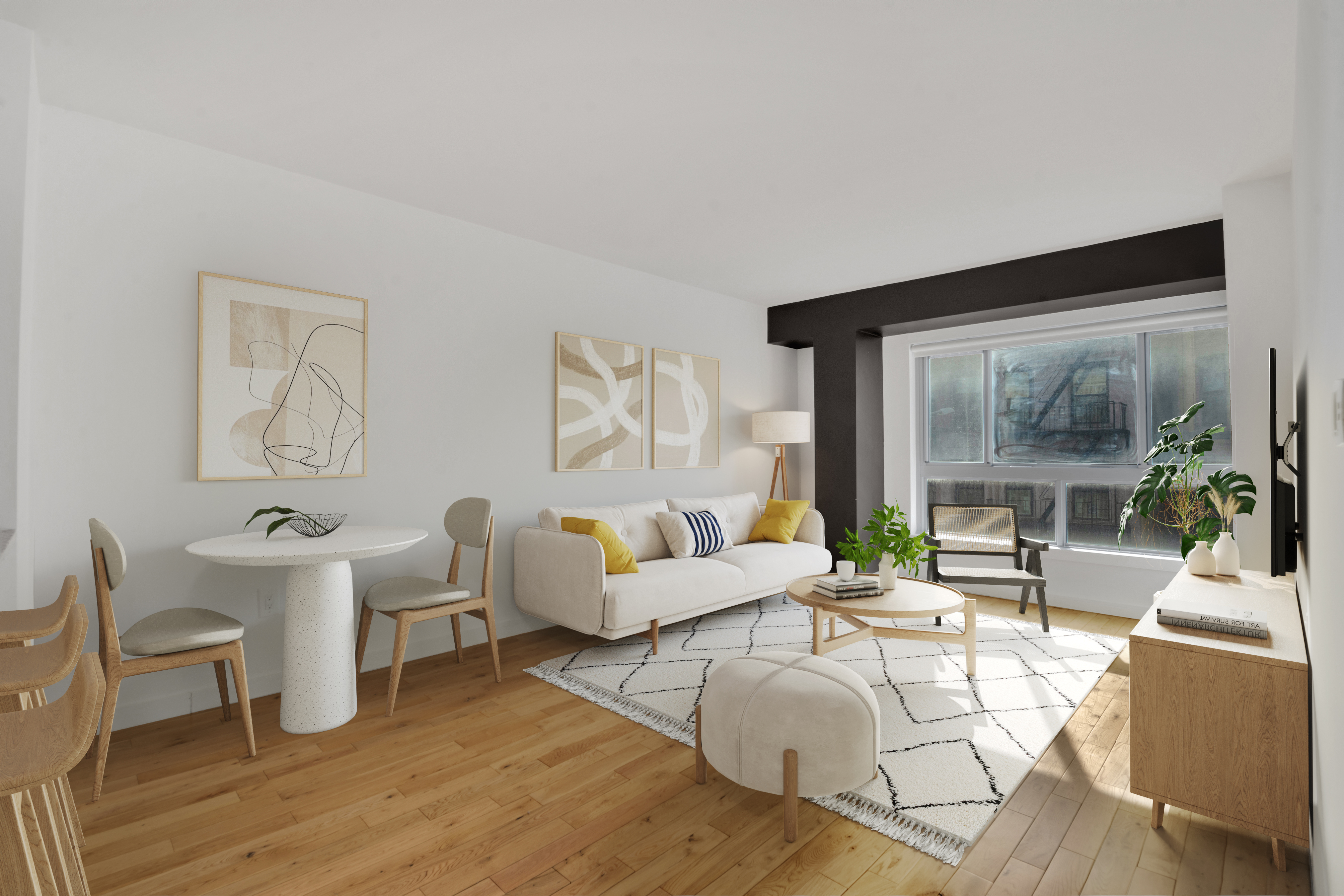 a living room with fireplace furniture and a large window