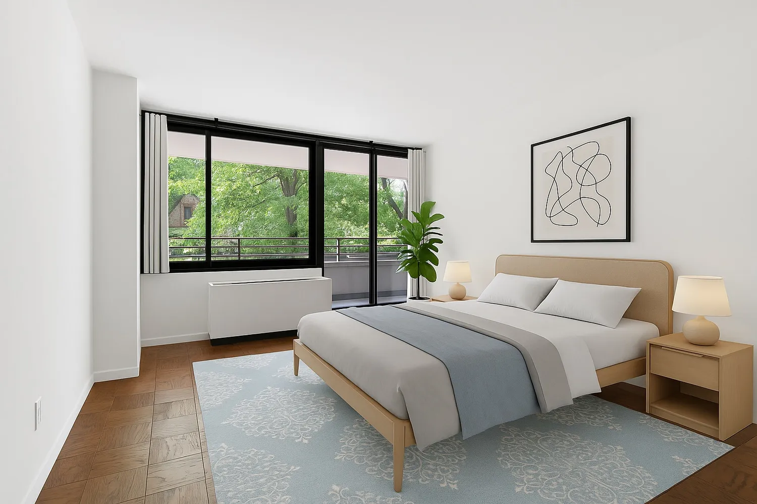 a bedroom with a large bed and a large window