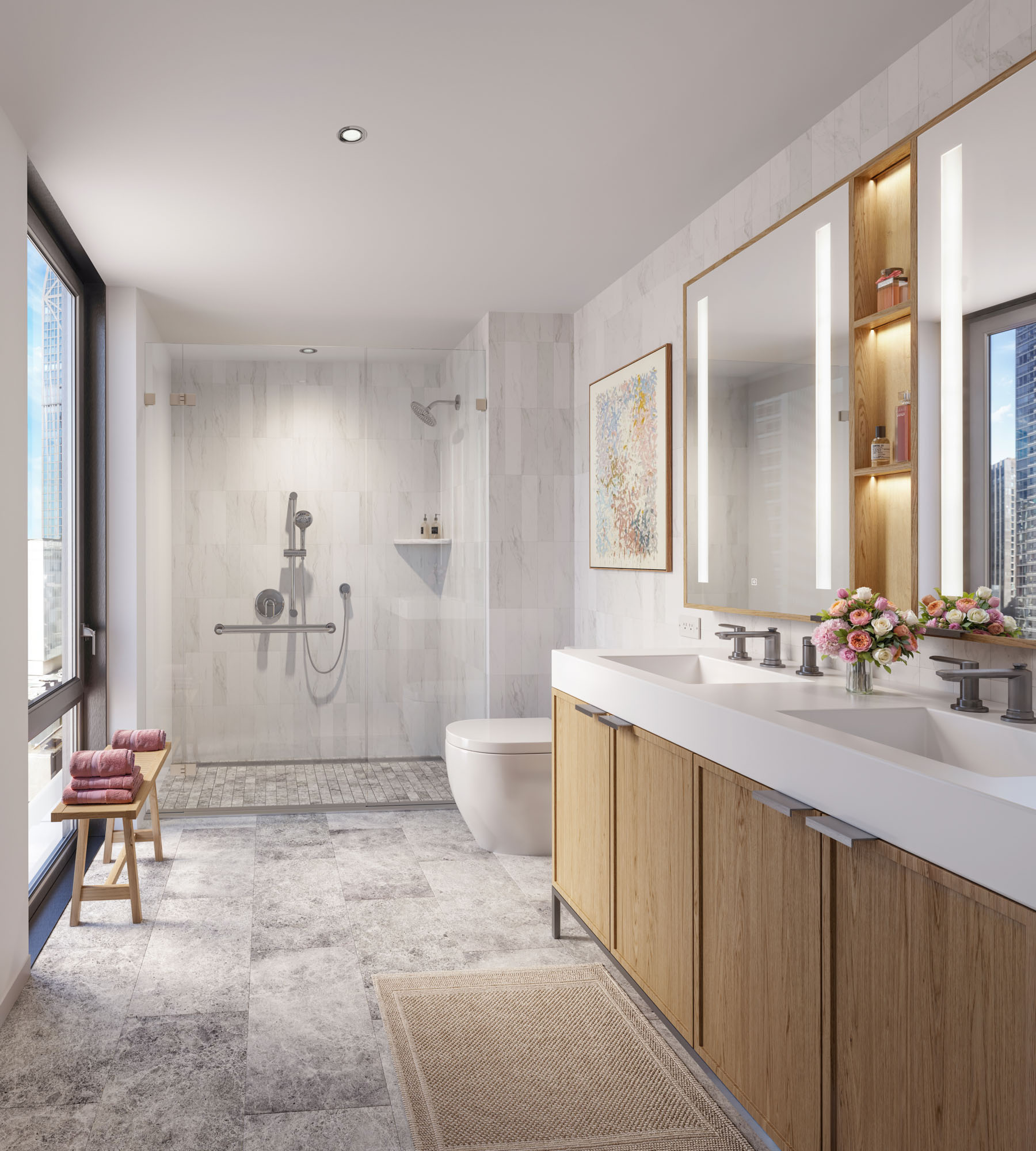 18 West 55th Street, Unit 14F Manhattan, NY 10019 - Photo 3 of 8 a bathroom with a sink a toilet and a mirror