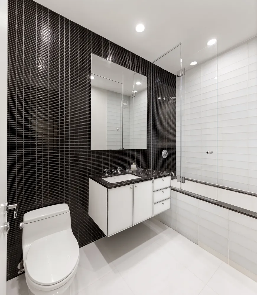 a bathroom with a sink a toilet and mirror