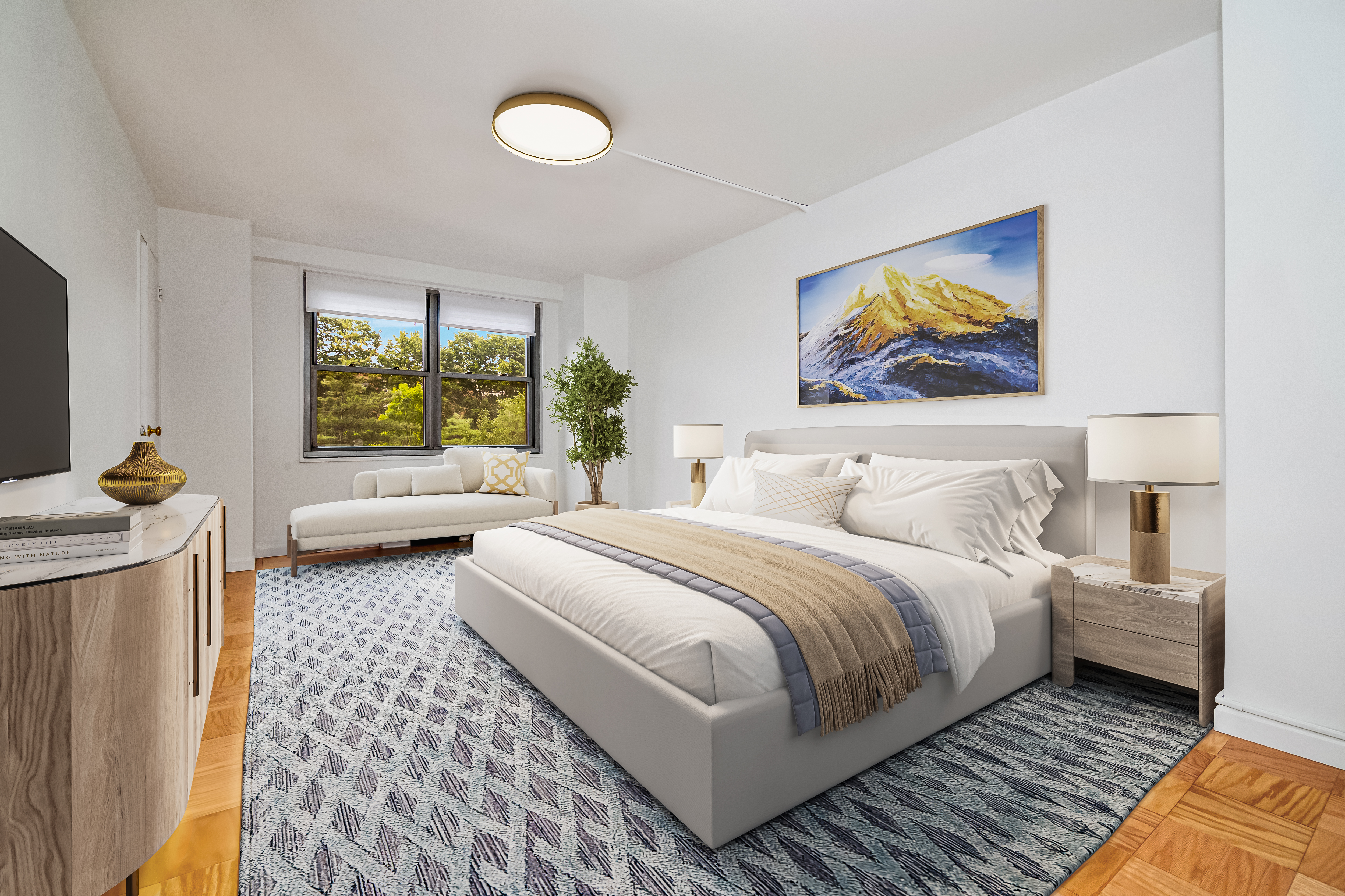 70-25 Yellowstone Boulevard, Unit 2M Queens, NY 11375 - Photo 5 of 23 a bedroom with a bed and a couch