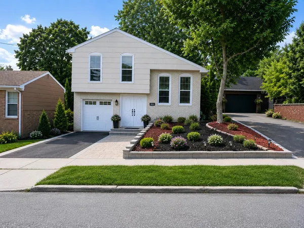 a front view of a house with a garden and plants