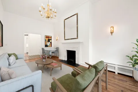 a living room with furniture a fireplace and a potted plant