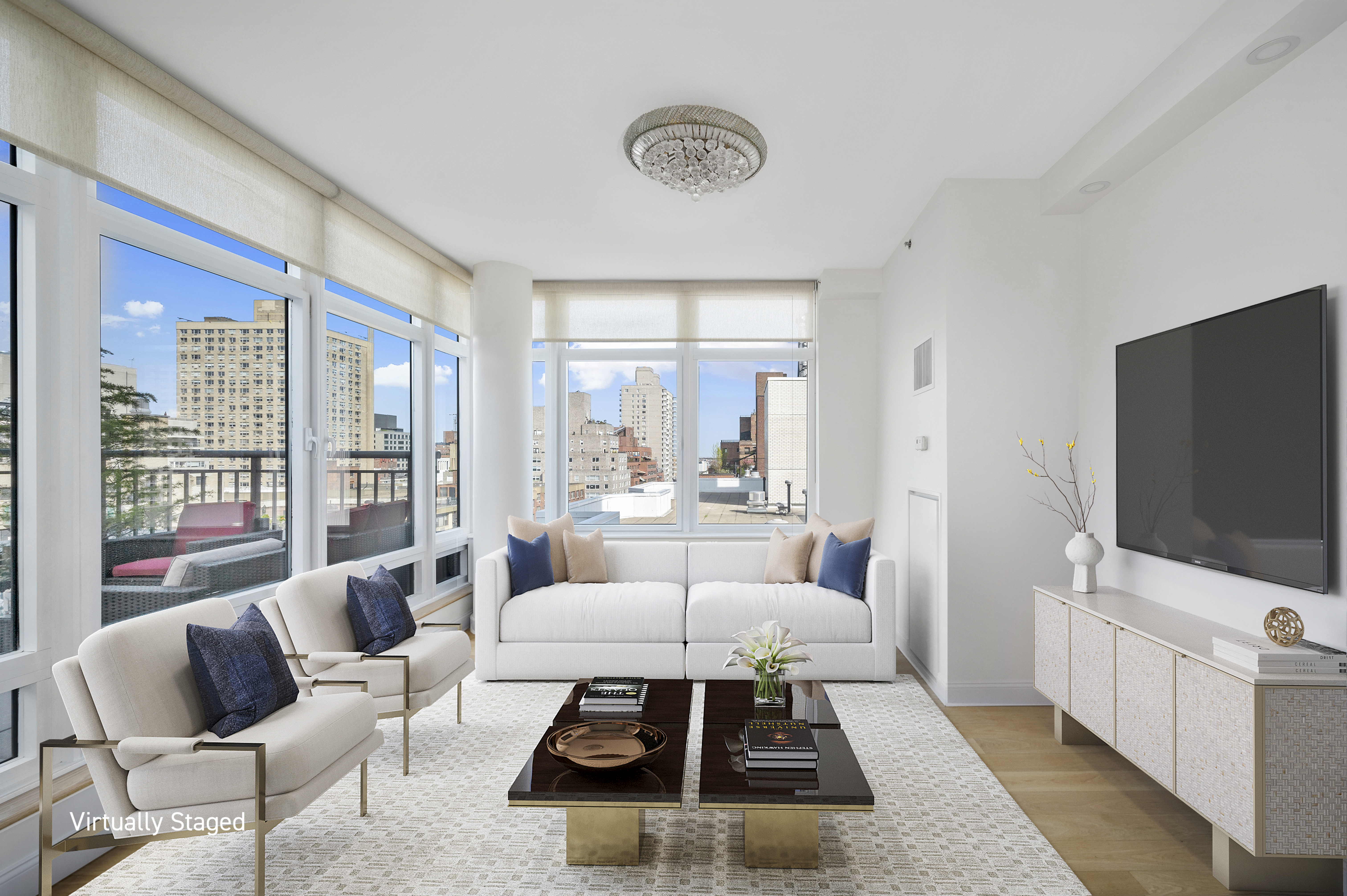 408 East 79th Street, Unit 16B Manhattan, NY 10075 - Photo 2 of 16 a living room with furniture and a flat screen tv