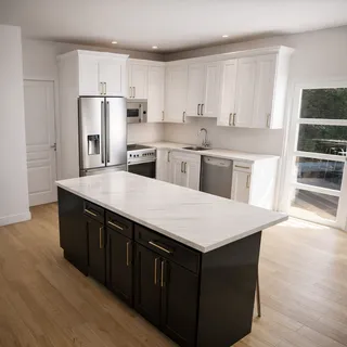 a kitchen with stainless steel appliances kitchen island granite countertop a refrigerator a stove a sink and white cabinets with wooden floor