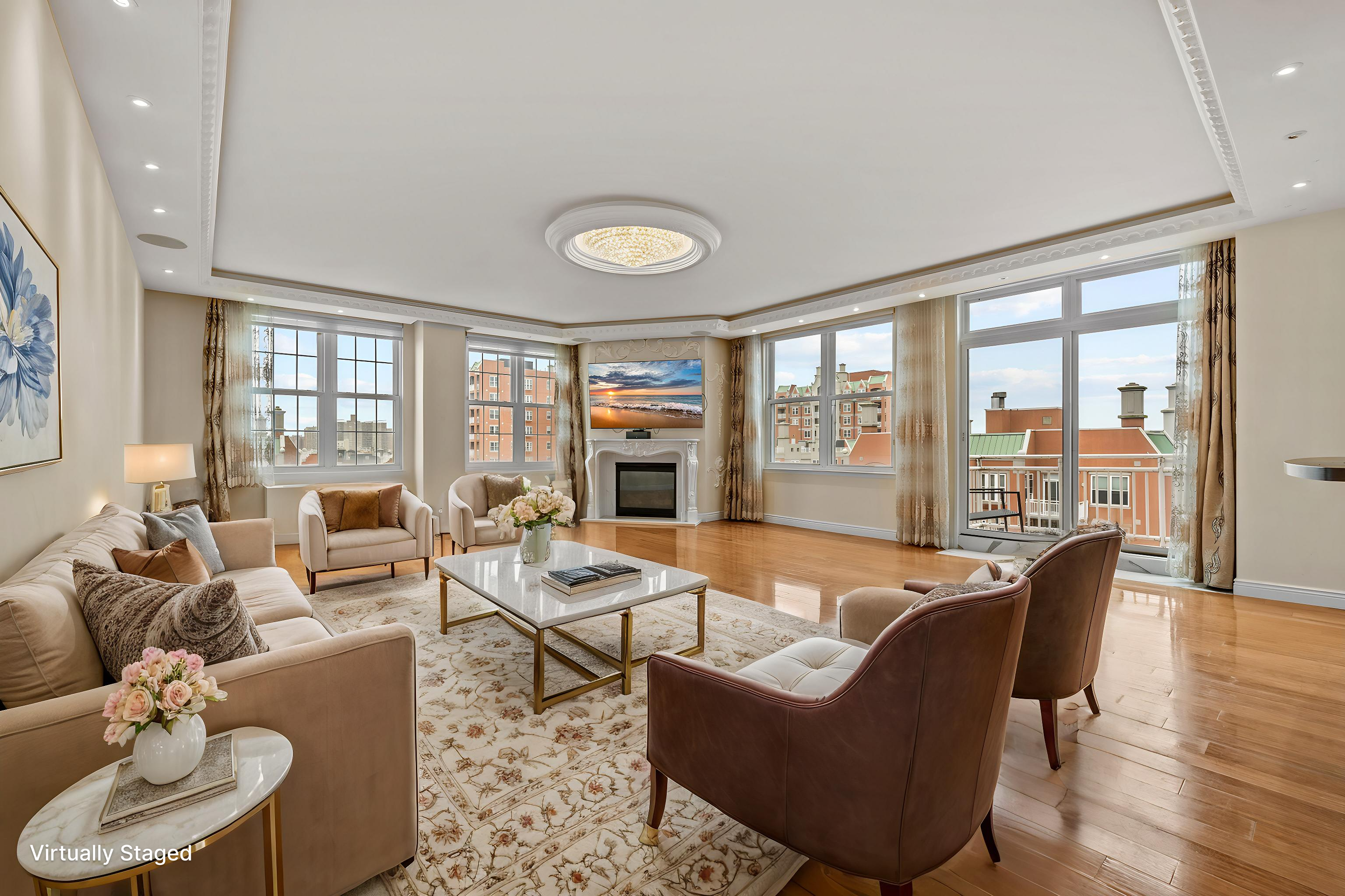 105 Oceana Drive East, Unit PH1D Brooklyn, NY 11235 - Photo 1 of 27 a living room with fireplace furniture and a large window