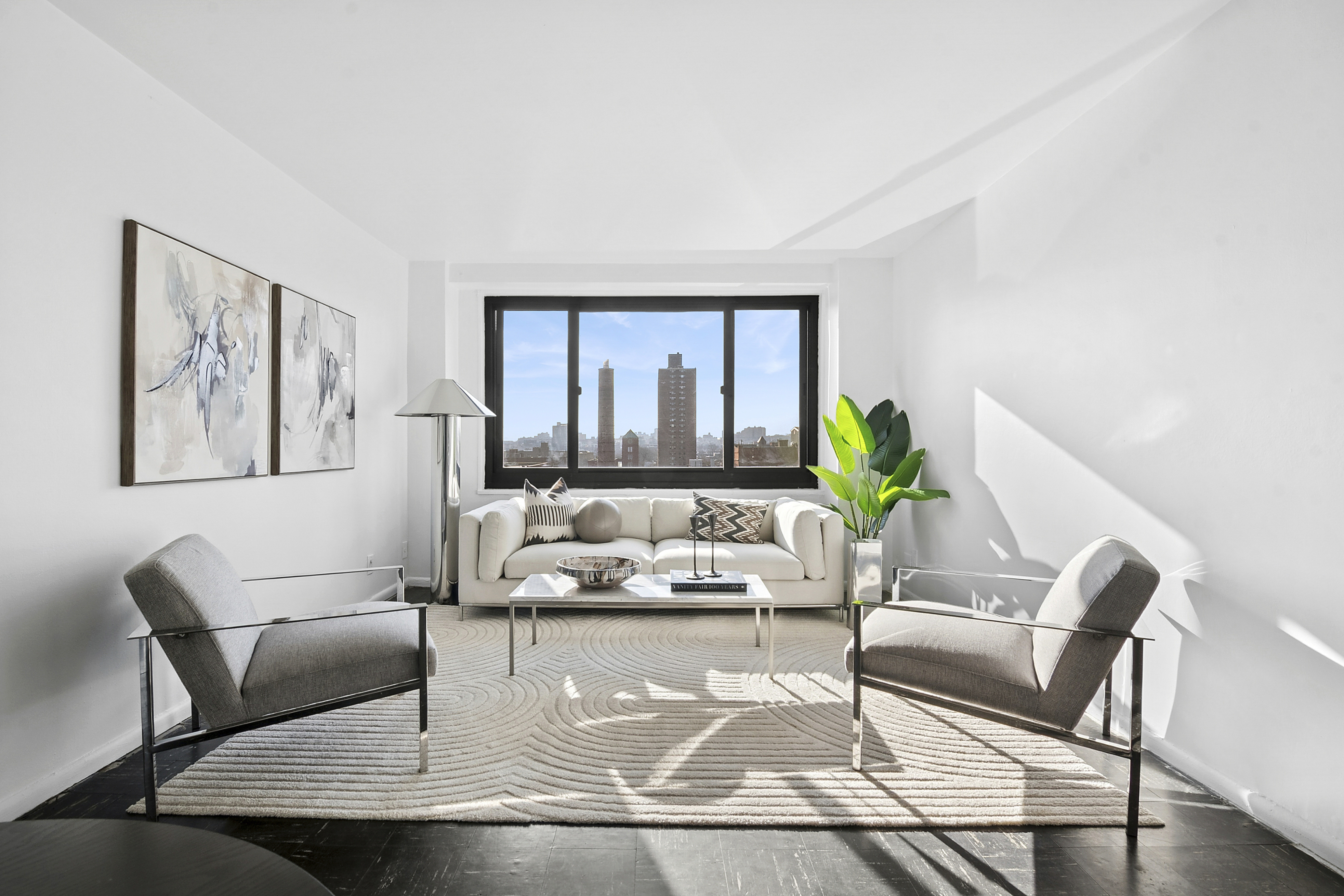 a living room with furniture and a potted plant