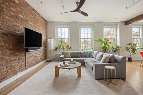 a living room with furniture potted plant and a flat screen tv