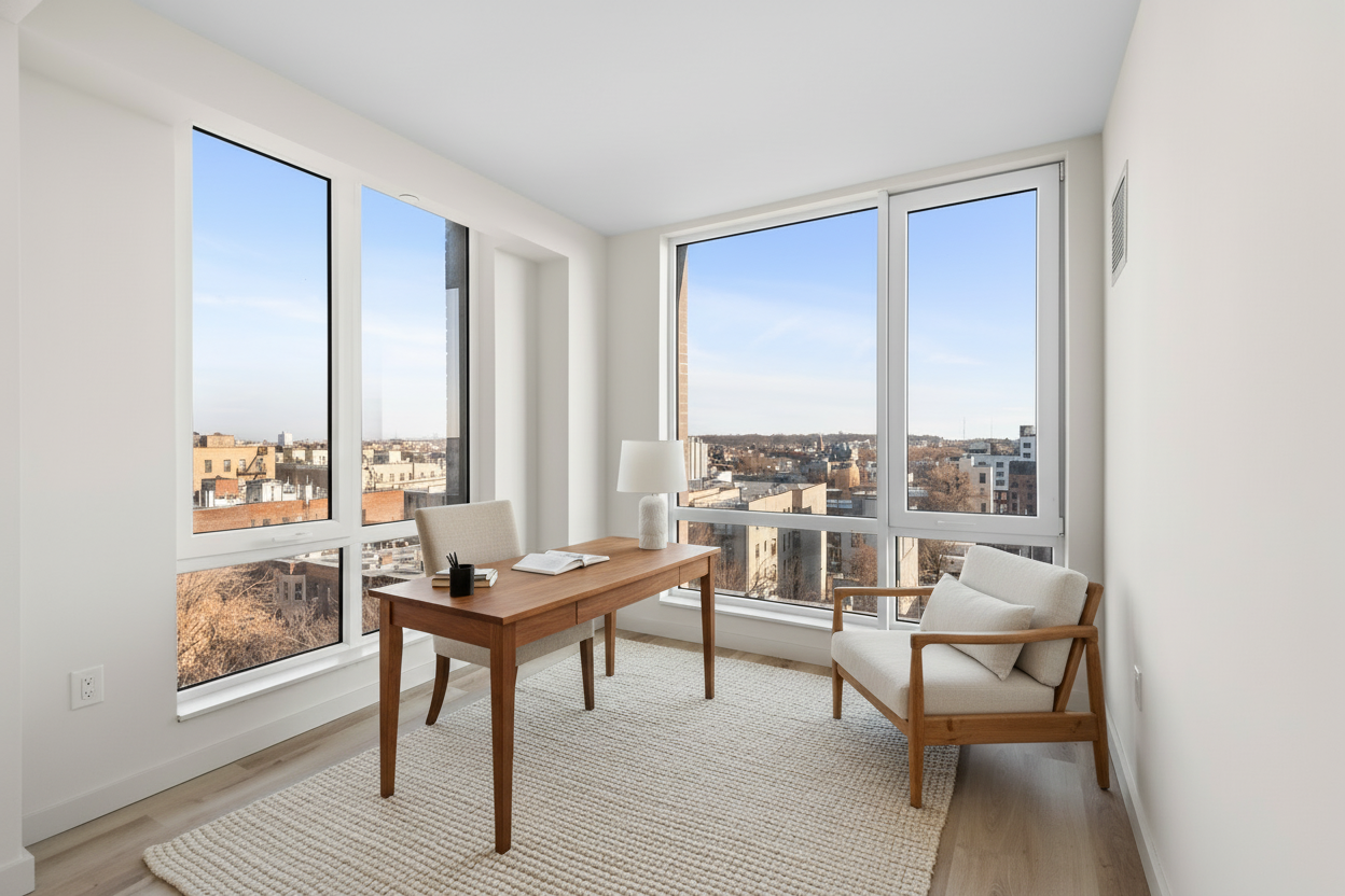 1333 Broadway, Unit 1205 Brooklyn, NY 11221 - Photo 7 of 15 a living room with furniture and a floor to ceiling window
