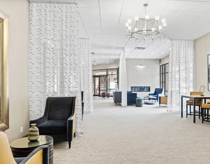 a view of a park with large trees