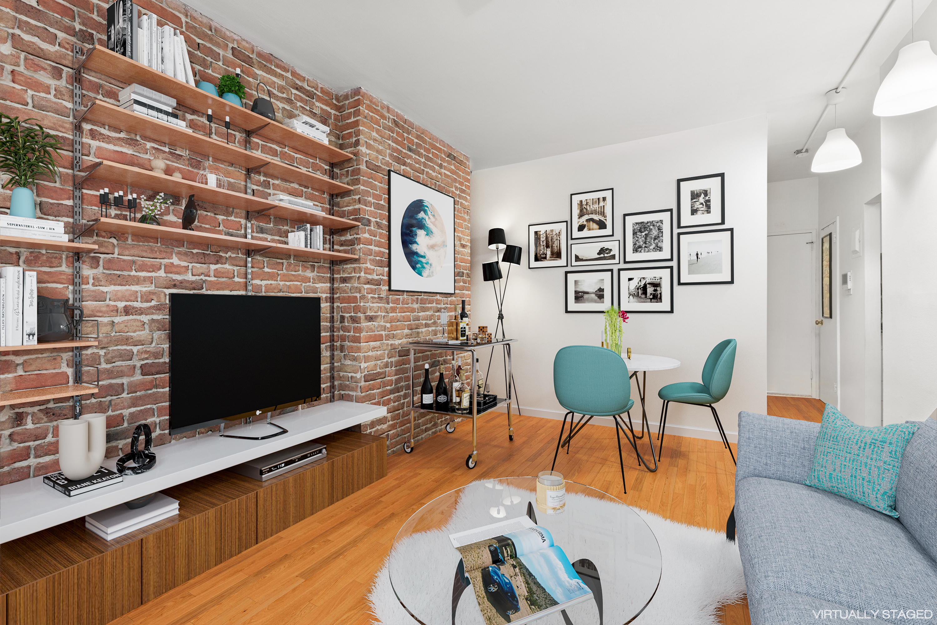 a living room with furniture flat screen tv and a fireplace