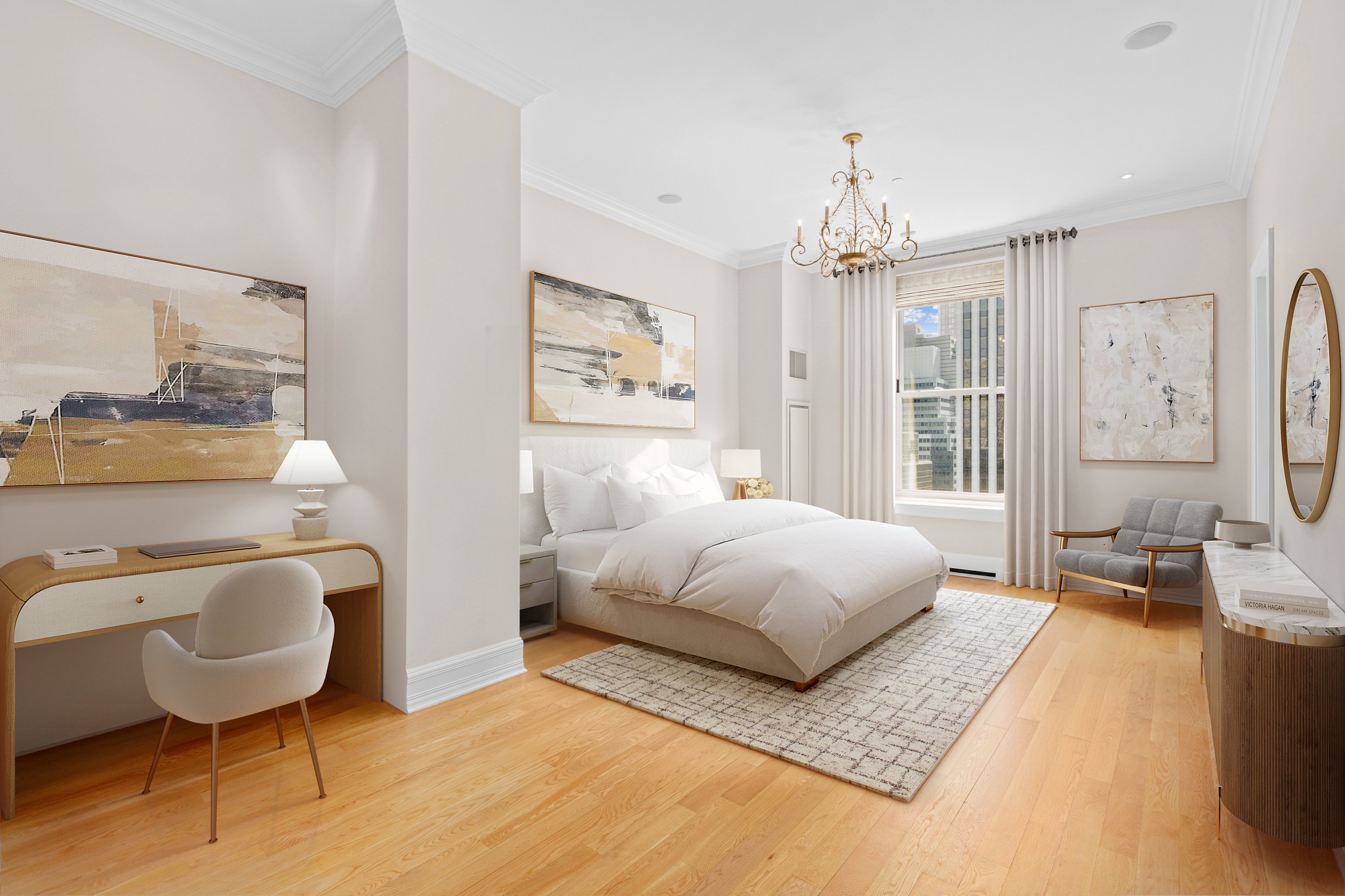 1 Central Park South, Unit 915 Manhattan, NY 10019 - Photo 10 of 29 a spacious bedroom with a bed a couch and dresser