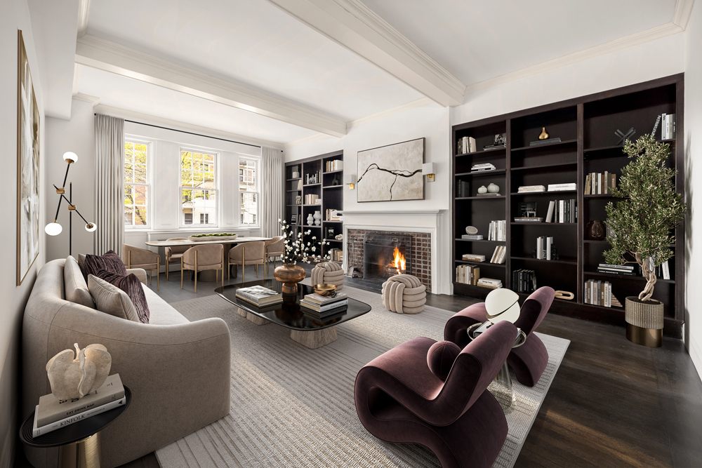 a living room with furniture fireplace and a large window