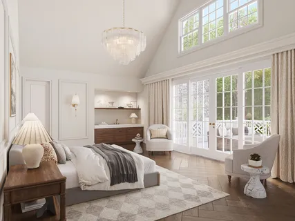 a spacious bedroom with a bed and glass window