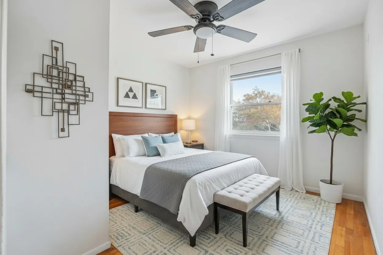 a bedroom with a bed and a window