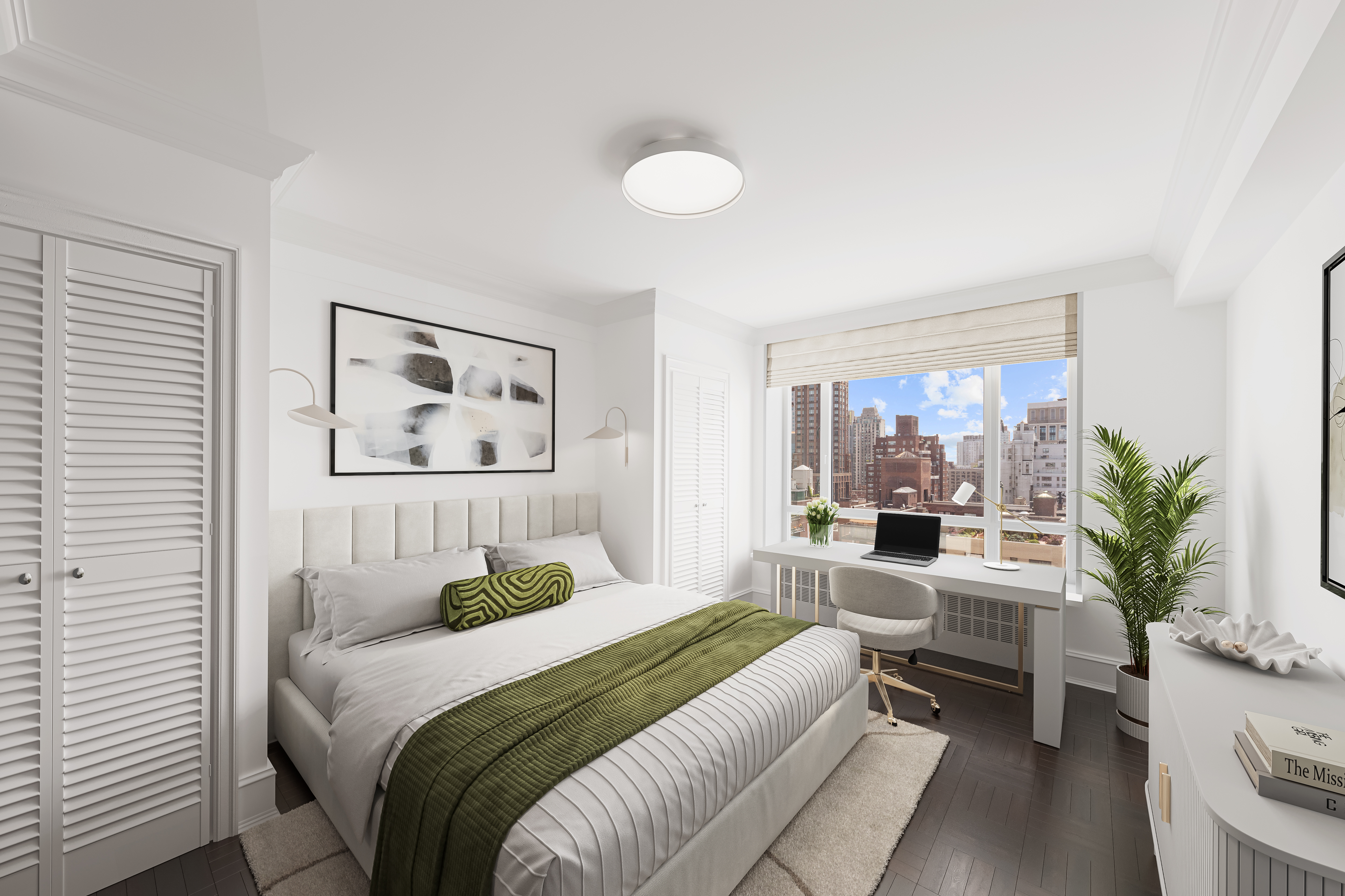 799 Park Avenue, Unit 17A Manhattan, NY 10021 - Photo 6 of 12 a bedroom with a balcony a bed and a painting on the wall