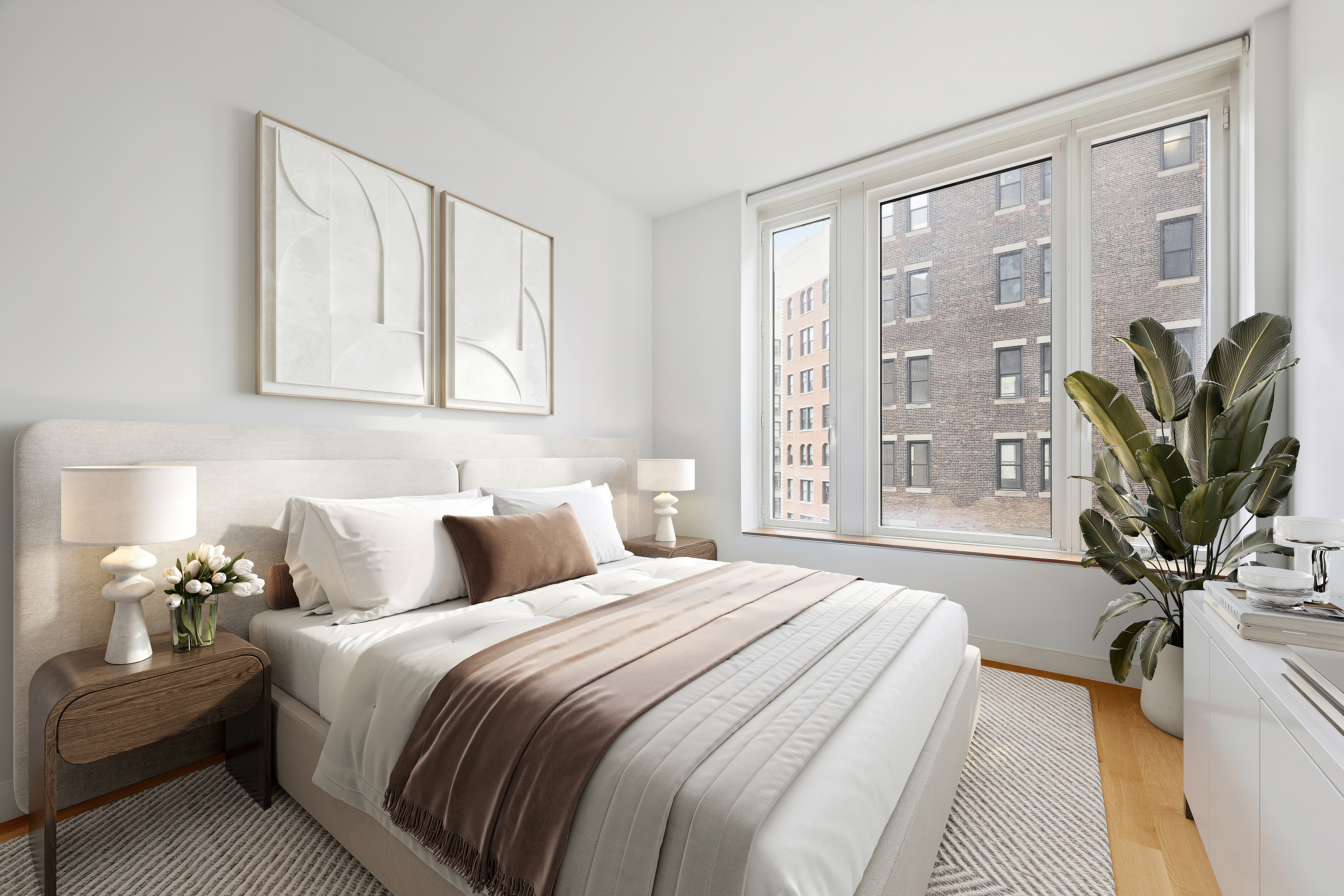 15 William Street, Unit 21A Manhattan, NY 10005 - Photo 5 of 19 a bedroom with a balcony a bed and a potted plant