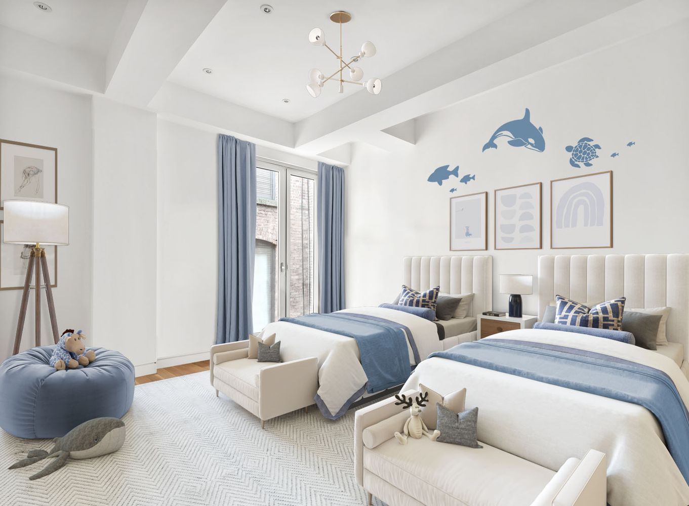 60 Collister Street, Unit 4A Manhattan, NY 10013 - Photo 11 of 21 a bedroom with two beds and a chandelier