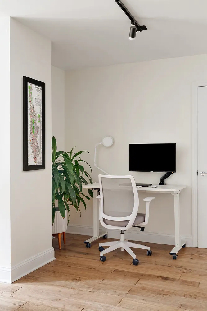 a workspace with furniture and a potted plant