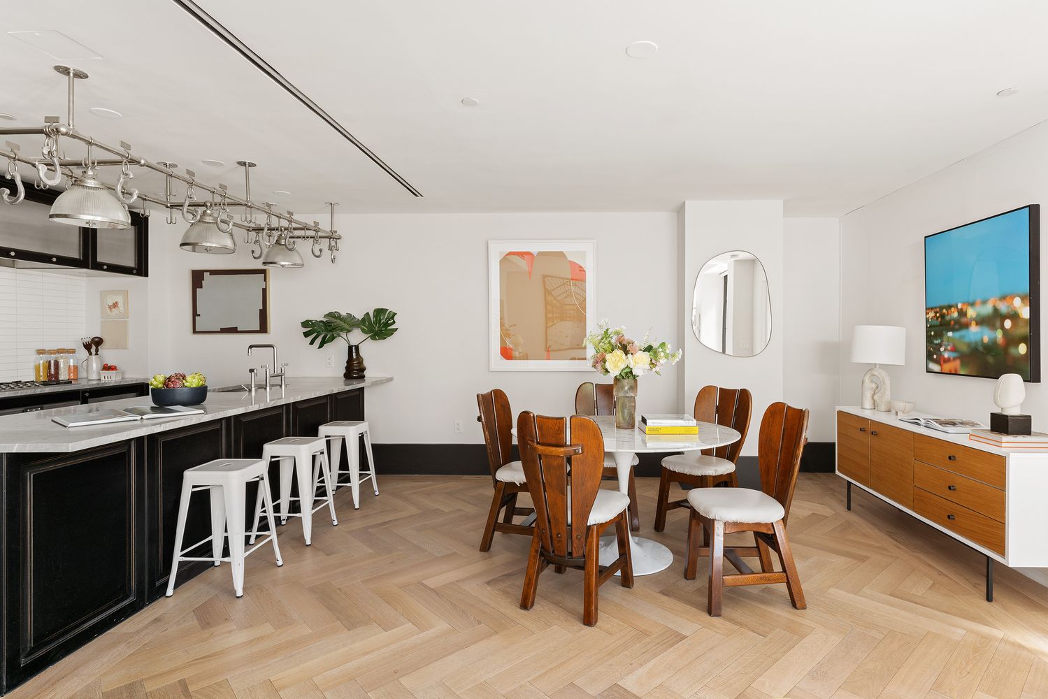 a view of a dining room with furniture