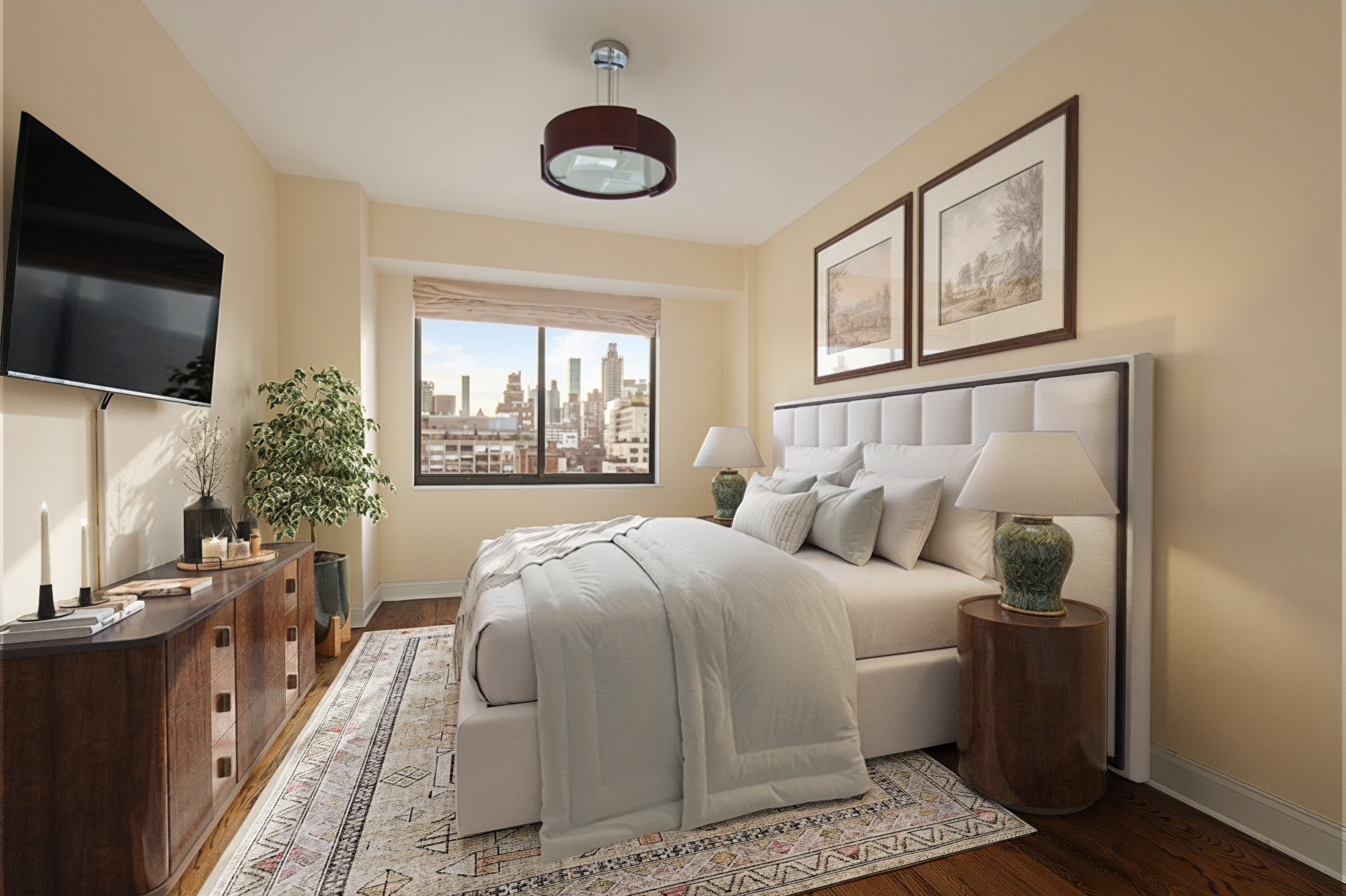 350 East 72nd Street, Unit 12A Manhattan, NY 10021 - Photo 4 of 8 a bedroom with a large bed and a flat tv screen on dresser