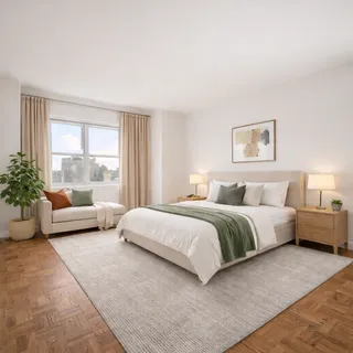 a spacious bedroom with a bed and a couch