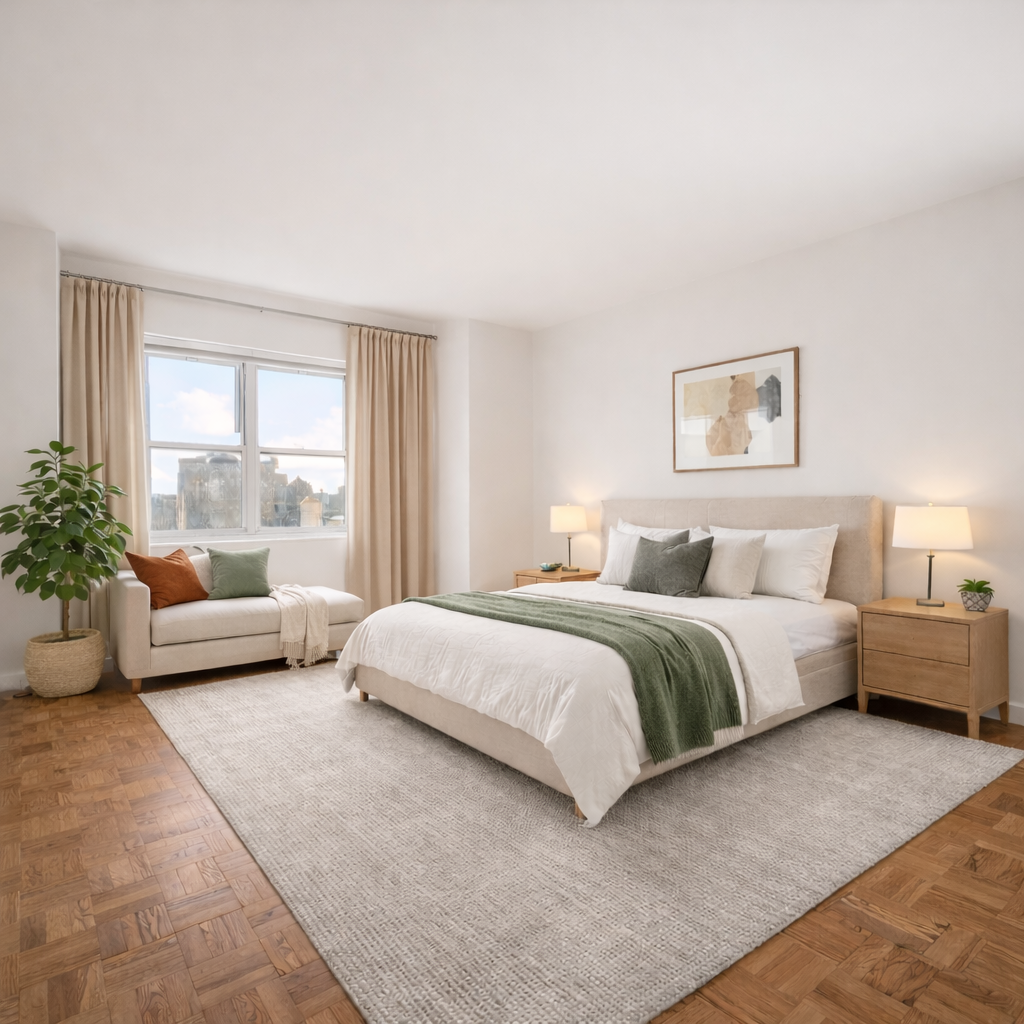 60 East 8th Street, Unit 14L Manhattan, NY 10003 - Photo 3 of 6 a spacious bedroom with a bed and a couch