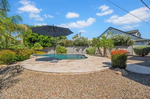 a view of a garden with a slide