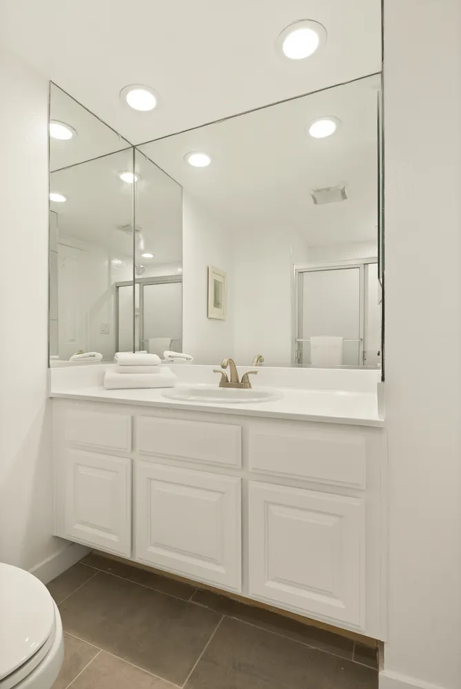 a bathroom with a sink a toilet and a mirror