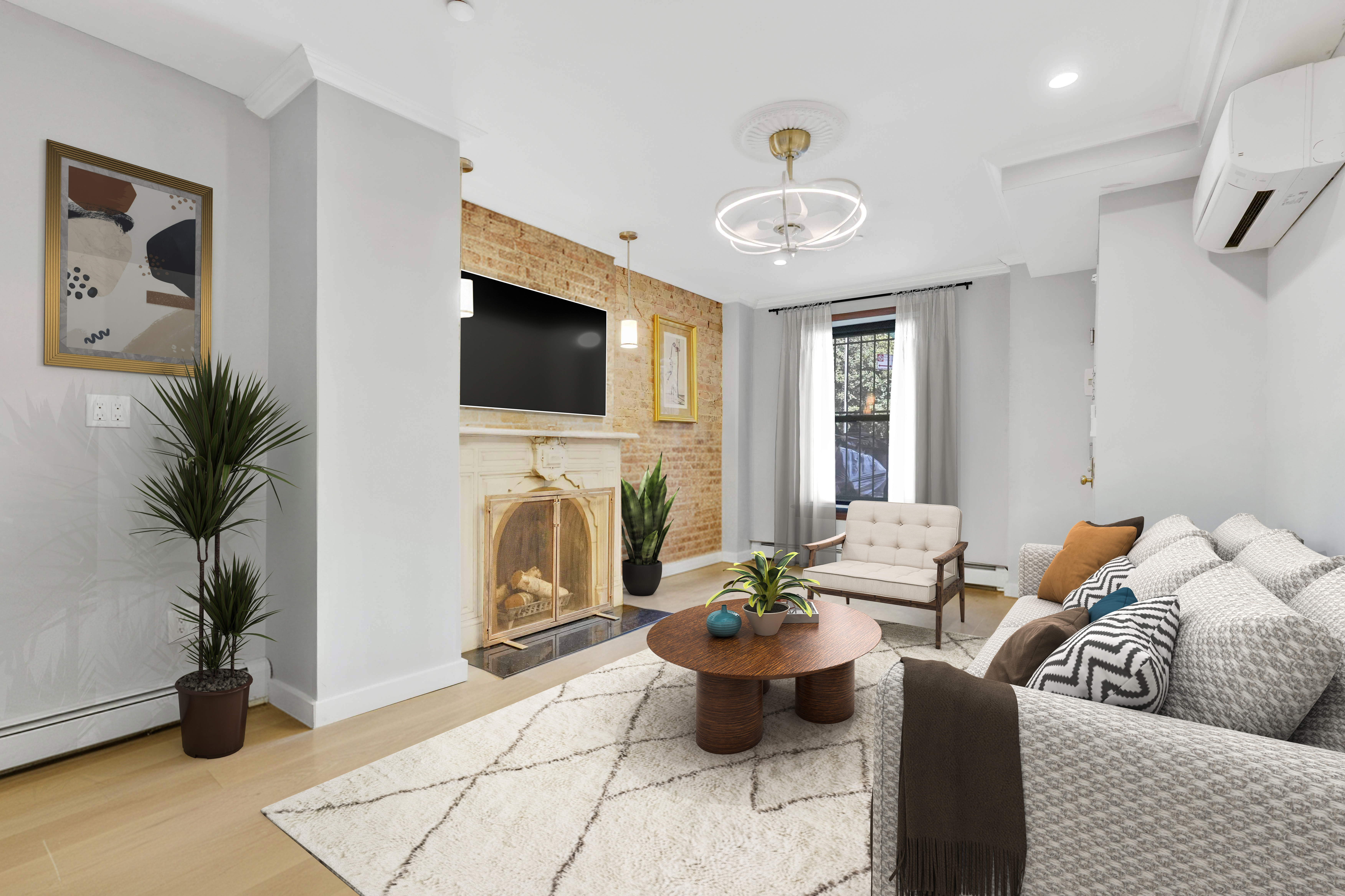 288 St James Place, Unit TRIPLEX Brooklyn, NY 11238 - Photo 3 of 25 a living room with furniture a fireplace and a flat screen tv