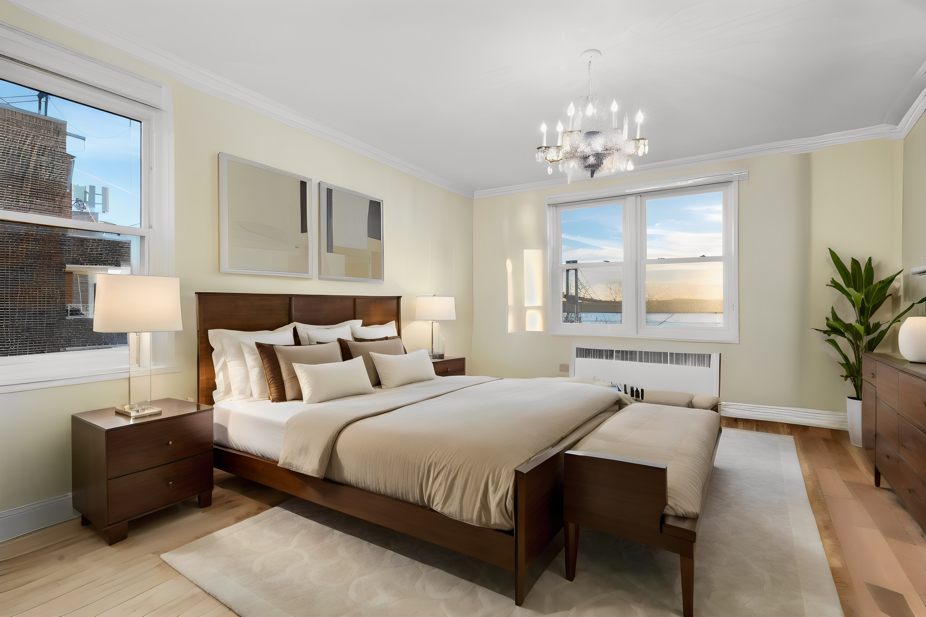 9801 Shore Road, Unit 5A Brooklyn, NY 11209 - Photo 3 of 11 a bedroom with a large bed and a chandelier