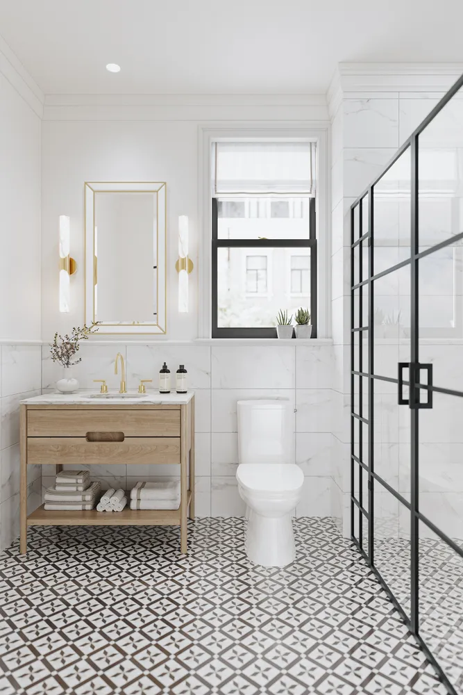 a bathroom with a sink toilet a mirror and shower