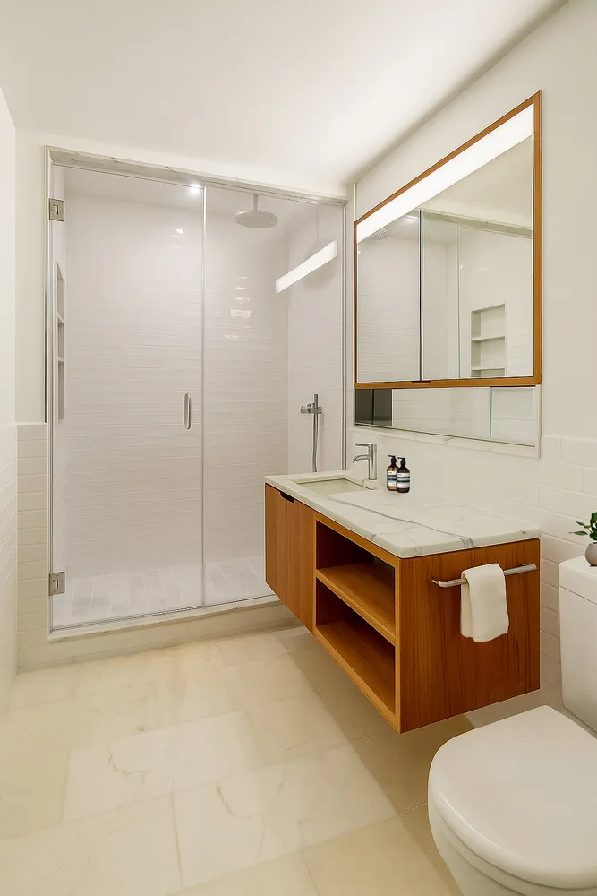 a bathroom with a sink mirror vanity and toilet