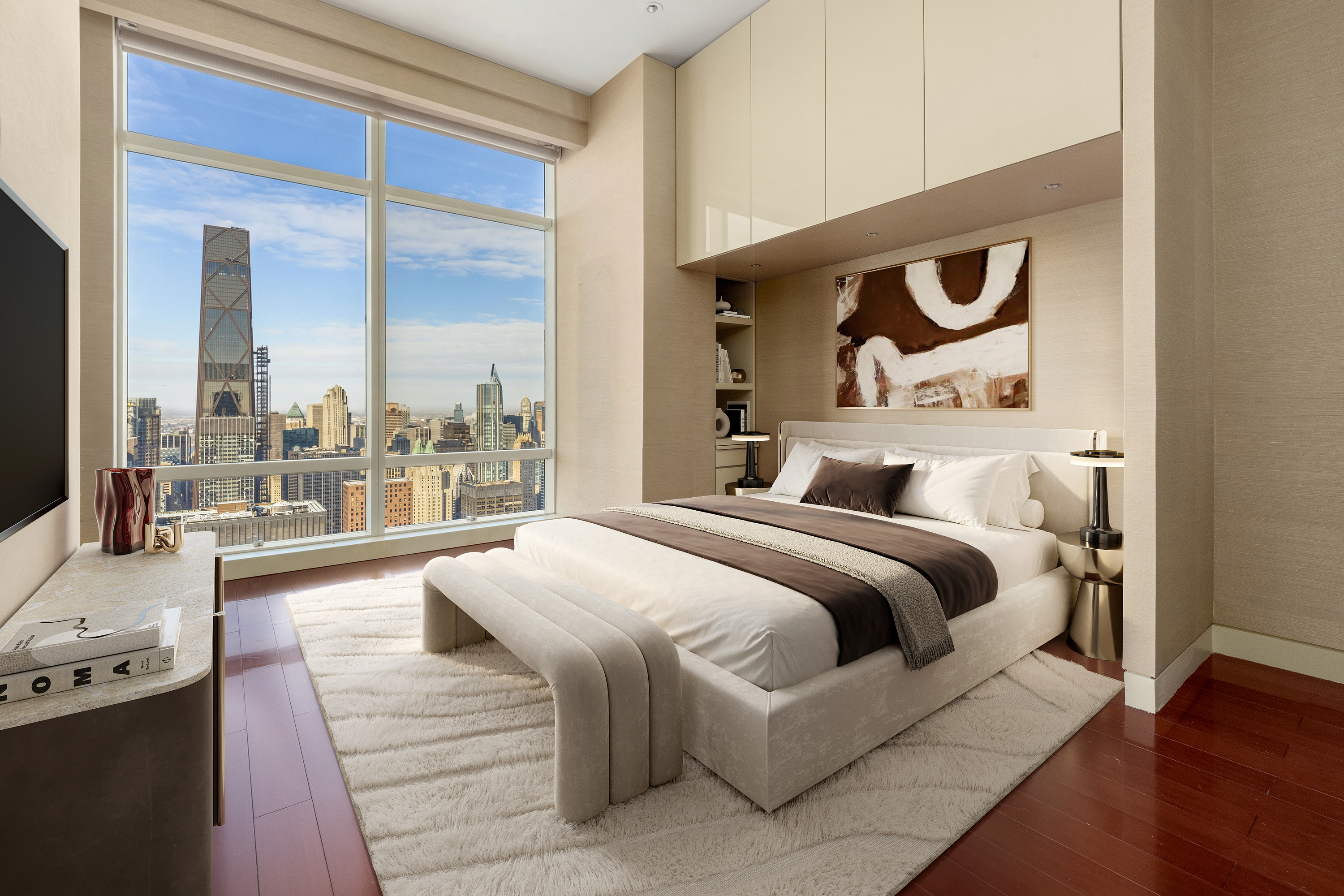 845 United Nations Plaza, Unit 86B Manhattan, NY 10017 - Photo 7 of 16 a bedroom with a large bed and a large window