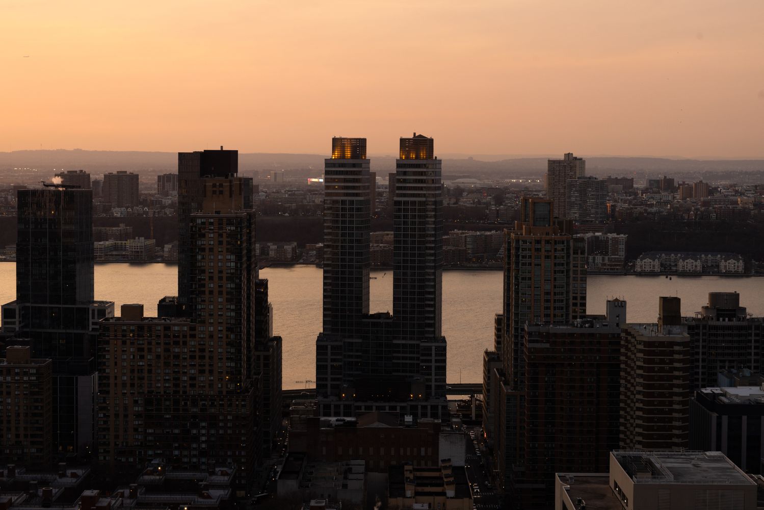 a city view with tall buildings