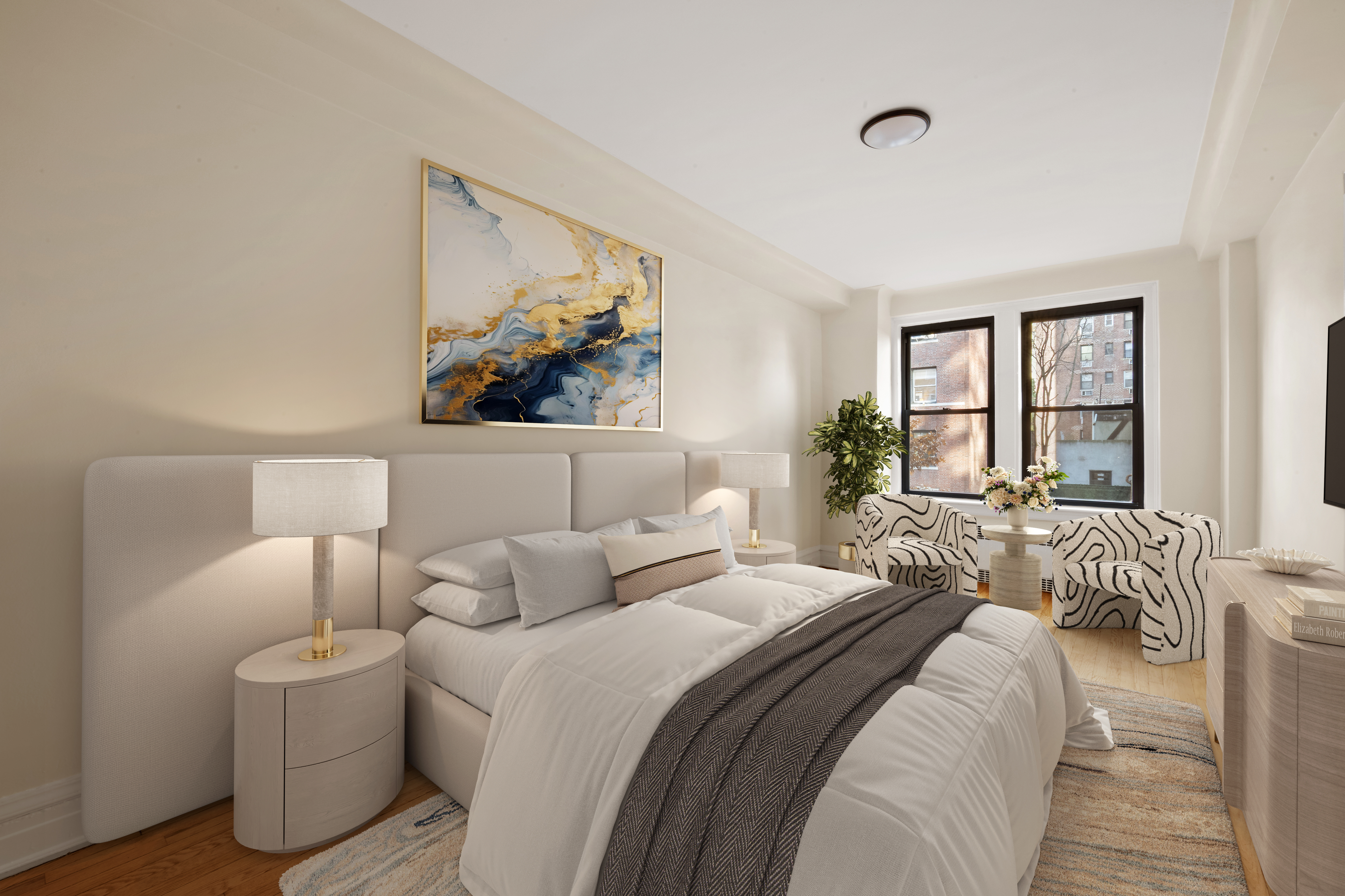 136 East 36th Street, Unit 3B Manhattan, NY 10016 - Photo 3 of 10 a bedroom with a bed and a large window