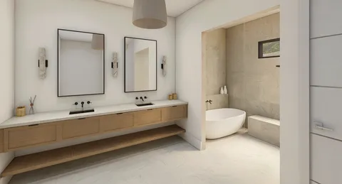 a bathroom with a double vanity sink mirror and bathtub