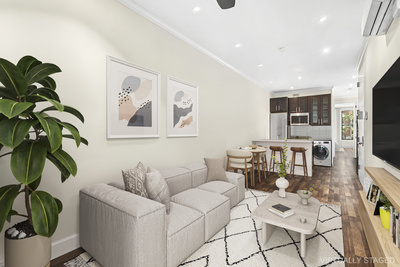 106 Bedford Avenue, Unit 3L Brooklyn, NY 11249 - Photo 1 of 7 a living room with furniture a flat screen tv and a potted plant