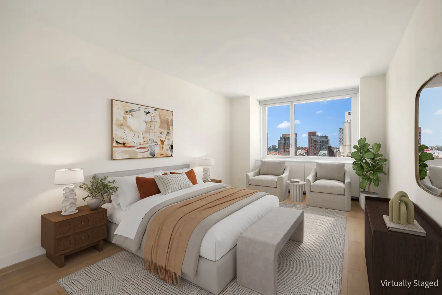 a bedroom with a bed and a potted plant