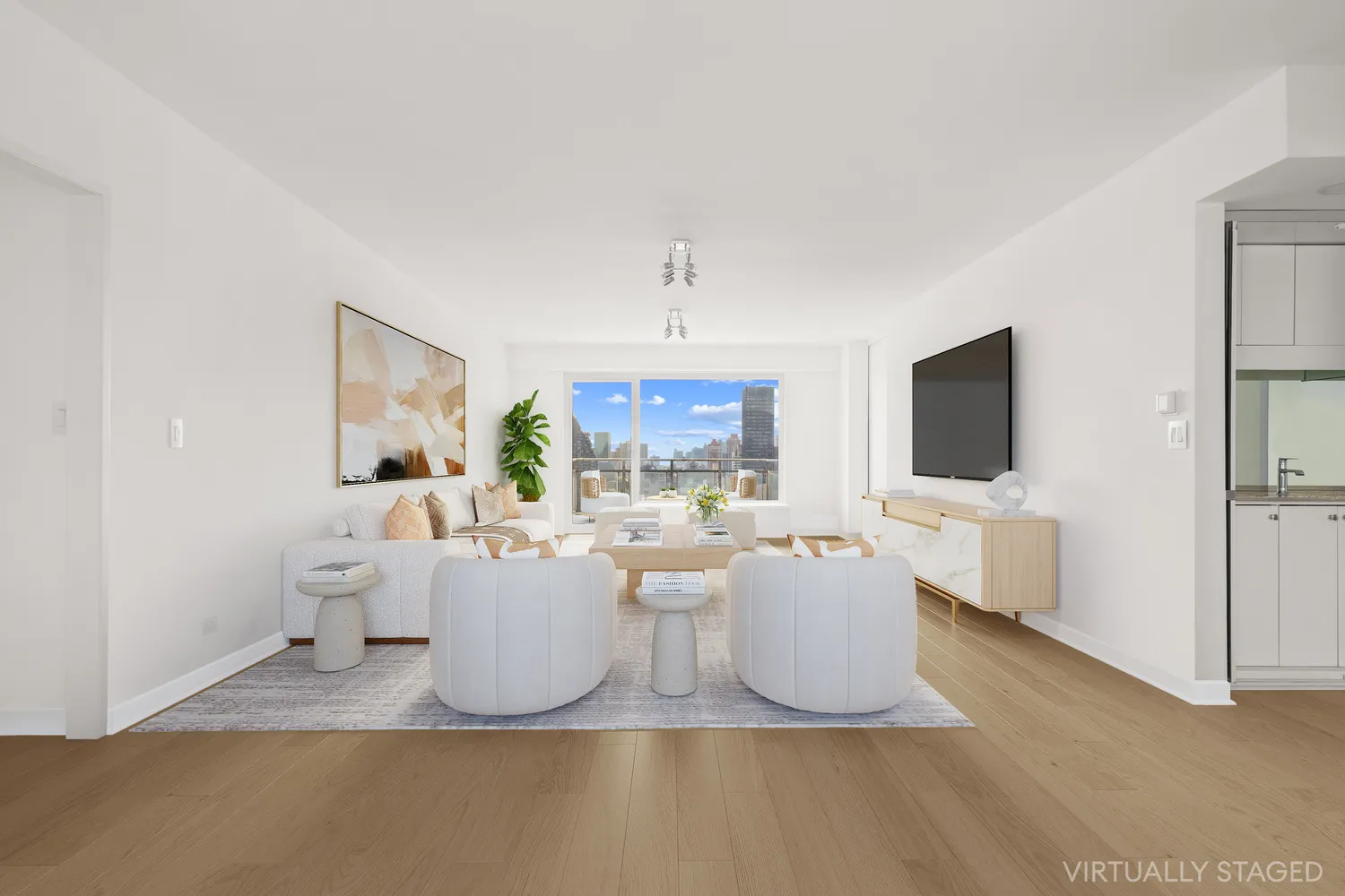 a living room with furniture a flat screen tv and a window