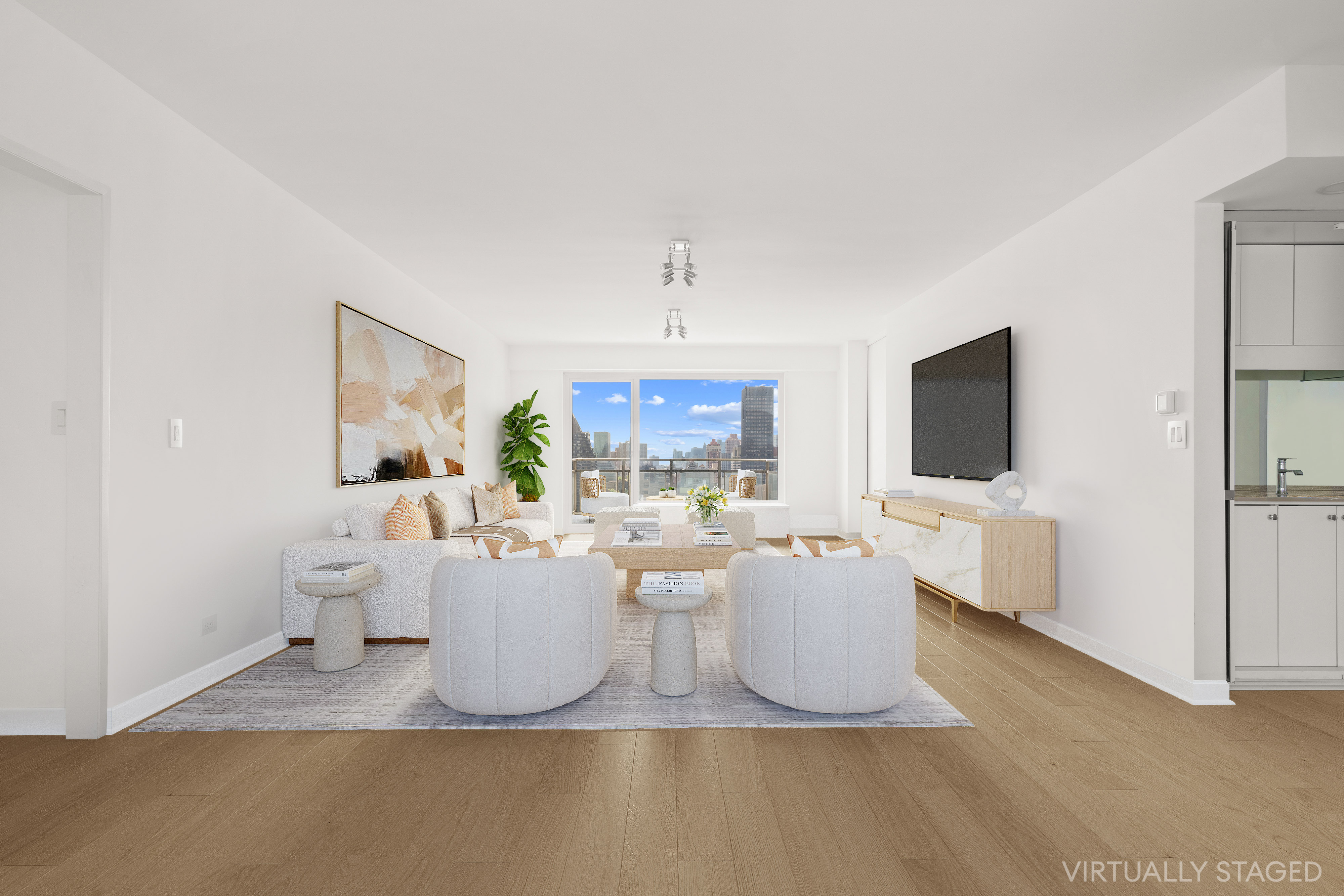 303 East 57th Street, Unit 41G Manhattan, NY 10022 - Photo 4 of 15 a living room with furniture a flat screen tv and a window