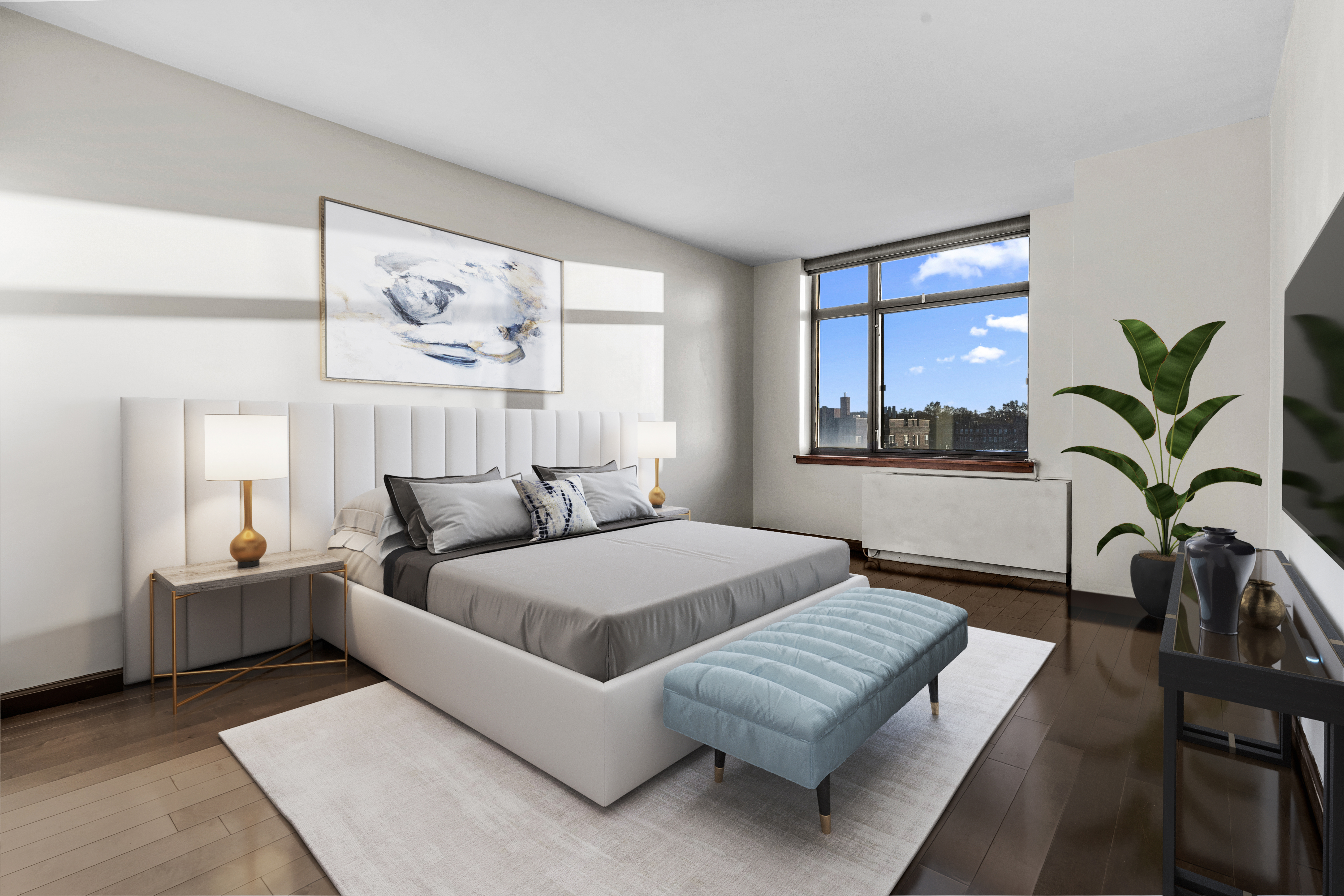 112-01 Queens Boulevard, Unit 7E Queens, NY 11375 - Photo 5 of 27 a bedroom with a large bed and a couch