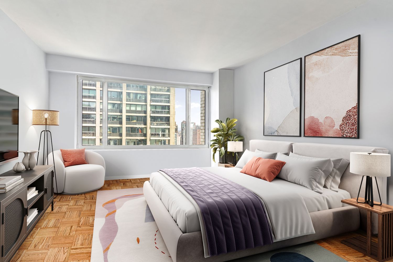 303 East 57th Street, Unit 30E Manhattan, NY 10022 - Photo 6 of 10 a bedroom with a bed couch and a large window