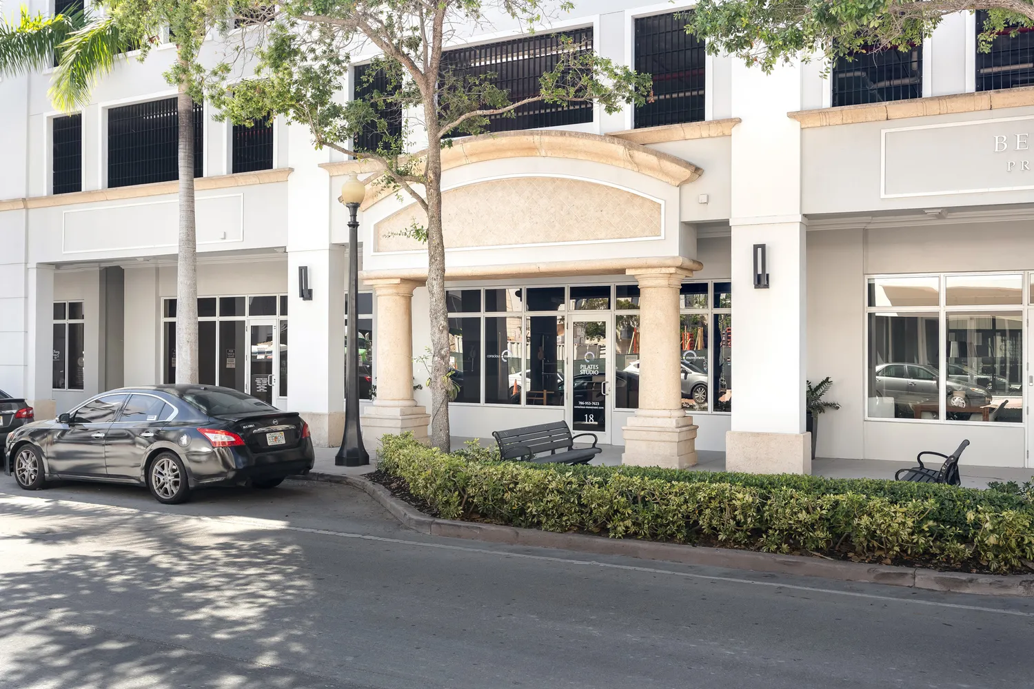 a view of a building with a street