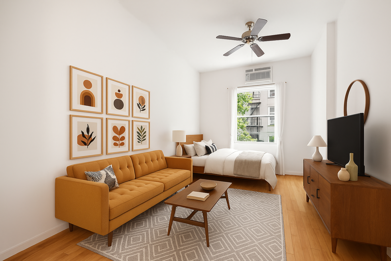a living room with furniture and wooden floor